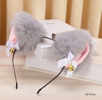 Ободок арт. 209626 Ушки кошки мех серый с бантиками в пак.