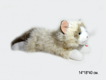 им Кот арт. 209090 Пушистый бежевый лежит мяукает 40 см в пак.