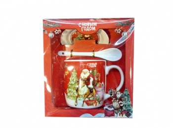 Подарочный набор арт. HK2371E-502 Чайная пара с ложкой "Дед Мороз" керамика в кор.