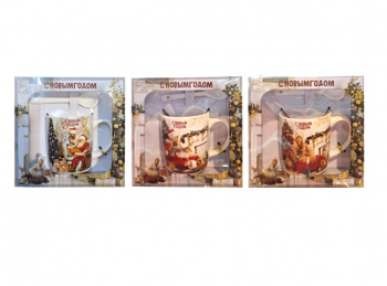 Подарочный набор арт. AT1910-502 Чайный, кружка с ложкой "Дед Мороз" 3 вида керамика в кор.