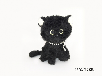 им Кот арт. 16058-209 Черный кучерявый в бусах сидит 20*15 см в пак.