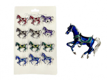 Брошь арт. XBZ0100-2 Лошадь цветная глазурь в серебре Набор 12 шт. в пак.