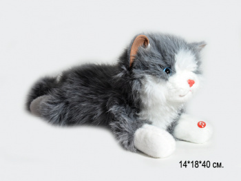 им Кот арт. 209093 Пушистый серый с белым лежит мяукает 40 см в пак.