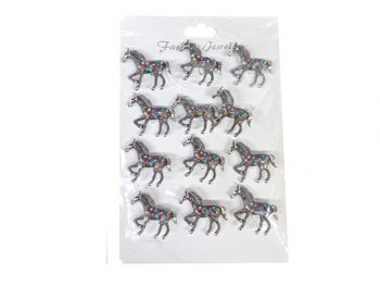 Брошь арт. XBZ0098-2 Лошадь серебро с цветными стразами Набор 12 шт. в пак.