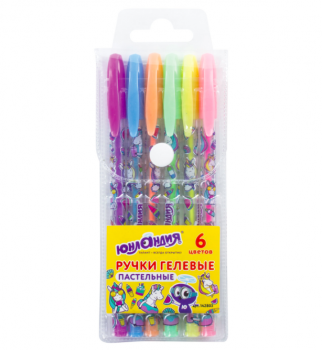 кс_Ручки гелевые ЮНЛАНДИЯ, 142803 набор 6 шт. АССОРТИ ПАСТЕЛЬ,корпус с печатью,узел 0,7 мм 