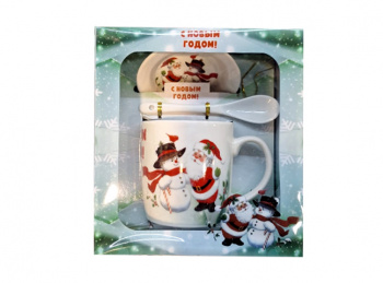 Подарочный набор арт. HK1991E-502 Чайная пара с ложкой "Дед Мороз и Снеговик" керамика в кор.