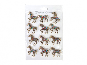 Брошь арт. XBZ0098-1-709 Лошадь золото с цветными стразами Набор 12 шт. в пак.
