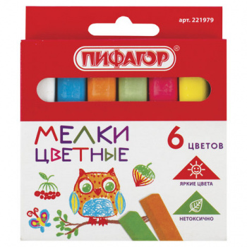 кс_Мел цветной ПИФАГОР, набор 6 шт., квадратный, 221979 кс_Мел цветной ПИФАГОР, набор 6 шт., квадратный, 221979