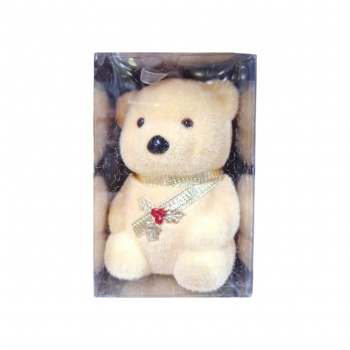 Игрушка-подвеска арт. 803021 Медведь бежевый в золотой ленте с остролистом 14 см в прозр.кор.