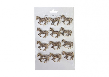 Брошь арт. XBZ0099-3 Лошадь бежит золото с прозрачными стразами Набор 12 шт. в пак.